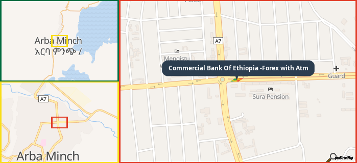 Map showing the address of Commercial Bank Of Ethiopia -Forex with Atm in three different zoom levels.
