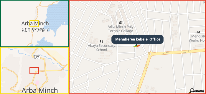 Map showing the address of Menaherea kebele  Office in three different zoom levels.