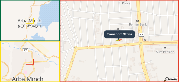 Map showing the address of Transport Office in three different zoom levels.