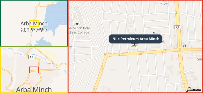 Map showing the address of Nile Petroleum Arba Minch in three different zoom levels.