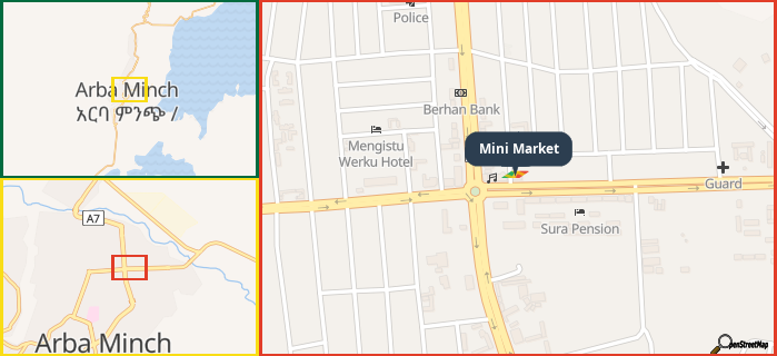 Map showing the address of Mini Market in three different zoom levels.