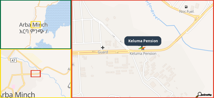 Map showing the address of Keluma Pension in three different zoom levels.