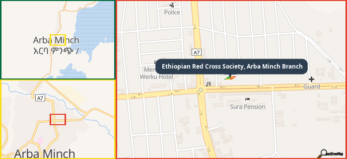 Map showing the address of Ethiopian Red Cross Society, Arba Minch Branch in three different zoom levels.