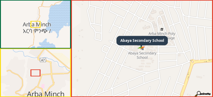 Map showing the address of Abaya Secondary School in three different zoom levels.