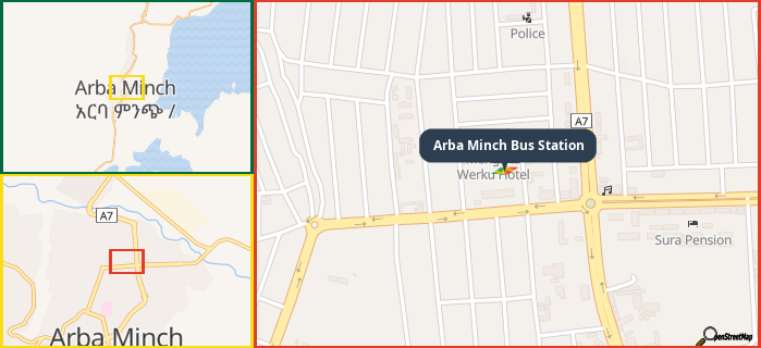 Map showing the address of Arba Minch Bus Station in three different zoom levels.