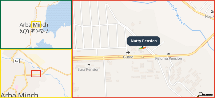 Map showing the address of Natty Pension in three different zoom levels.