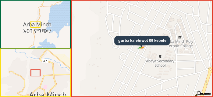 Map showing the address of gurba kalehiwot 09 kebele in three different zoom levels.