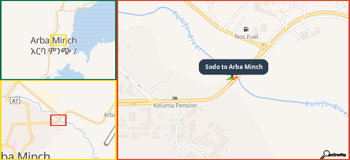 Map showing the address of Sodo to Arba Minch in three different zoom levels.