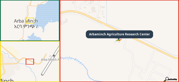 Map showing the address of Arbaminch Agriculture Research Center in three different zoom levels.