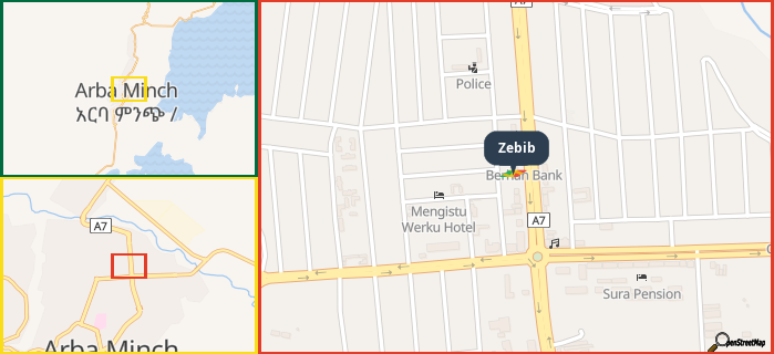 Map showing the address of Zebib in three different zoom levels.