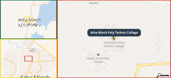 Map showing the address of Arba Minch Poly Technic Collage in three different zoom levels.