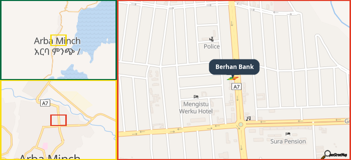 Map showing the address of Berhan Bank in three different zoom levels.