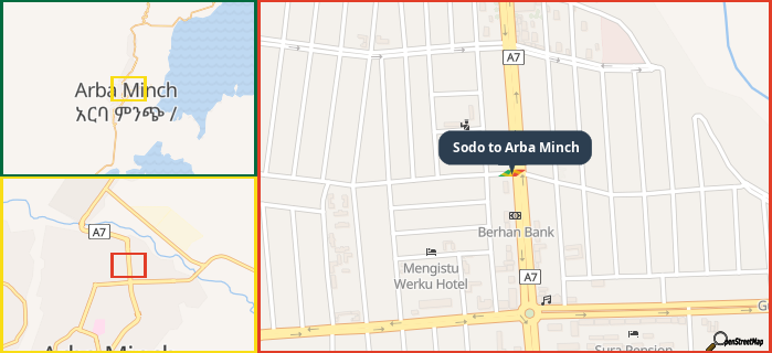 Map showing the address of Sodo to Arba Minch in three different zoom levels.
