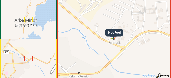 Map showing the address of Noc Fuel in three different zoom levels.