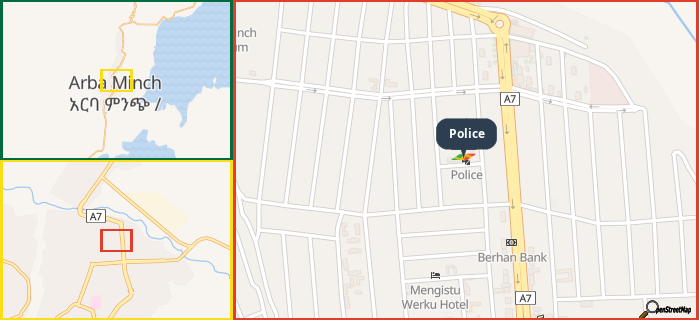 Map showing the address of Police in three different zoom levels.