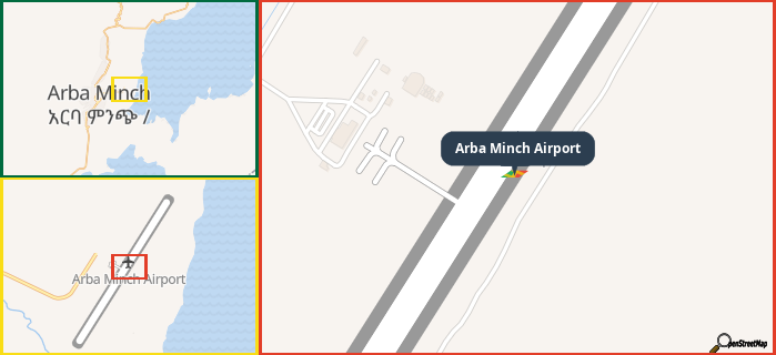 Map showing the address of Arba Minch Airport in three different zoom levels.