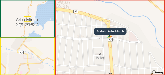 Map showing the address of Sodo to Arba Minch in three different zoom levels.