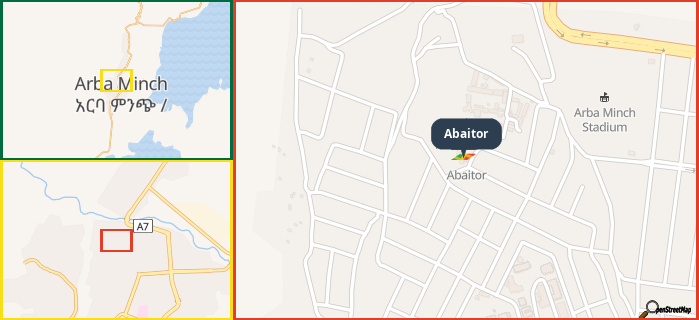 Map showing the address of Abaitor in three different zoom levels.