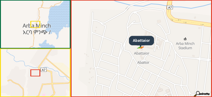 Map showing the address of Abattaior in three different zoom levels.