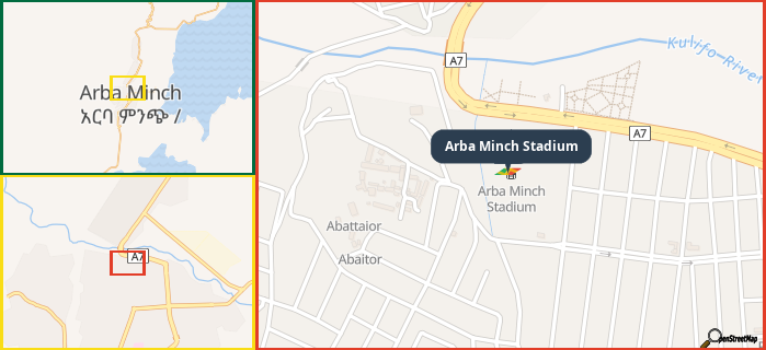 Map showing the address of Arba Minch Stadium in three different zoom levels.