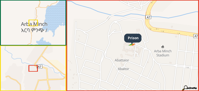 Map showing the address of Prison in three different zoom levels.