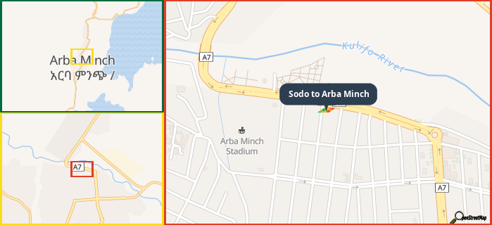 Map showing the address of Sodo to Arba Minch in three different zoom levels.