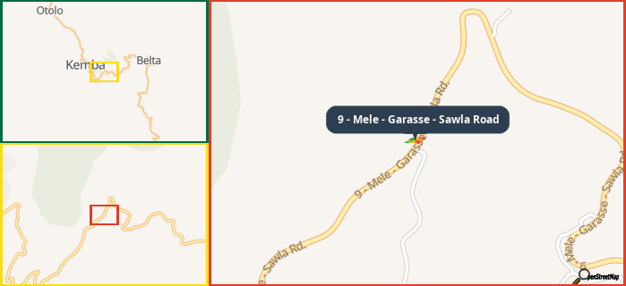 Map showing the address of 9 - Mele - Garasse - Sawla Road in three different zoom levels.