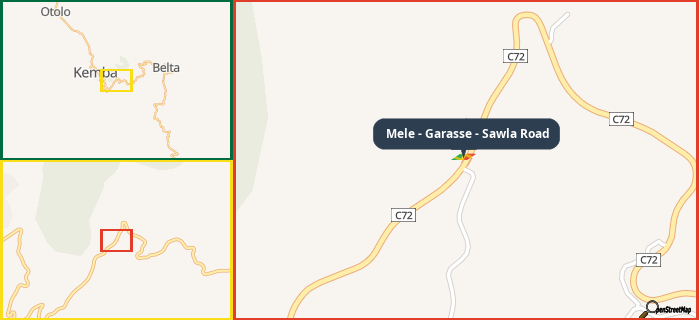 Map showing the address of Mele - Garasse - Sawla Road in three different zoom levels.