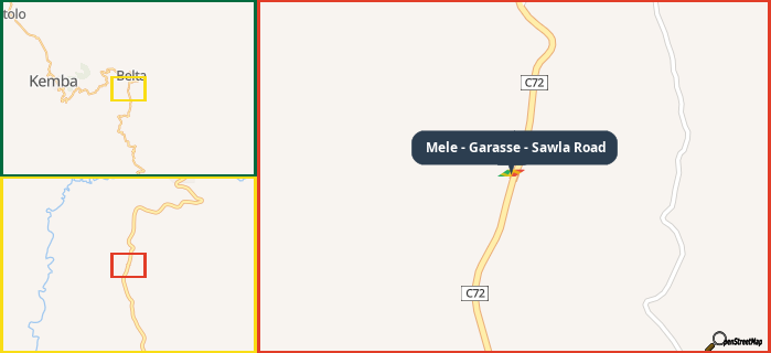 Map showing the address of Mele - Garasse - Sawla Road in three different zoom levels.