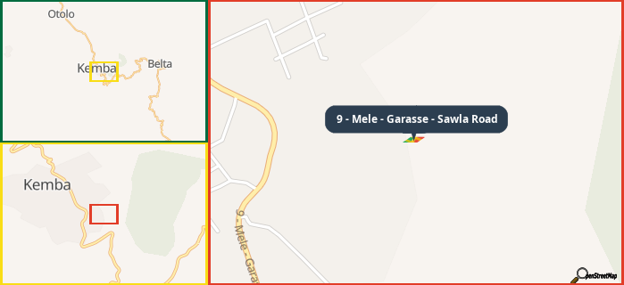 Map showing the address of 9 - Mele - Garasse - Sawla Road in three different zoom levels.