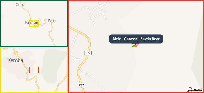 Map showing the address of Mele - Garasse - Sawla Road in three different zoom levels.