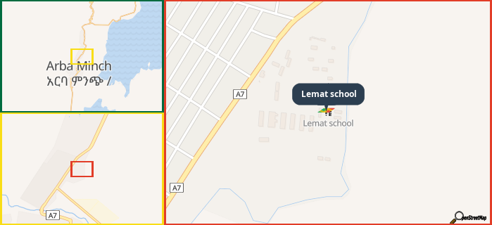 Map showing the address of Lemat school in three different zoom levels.