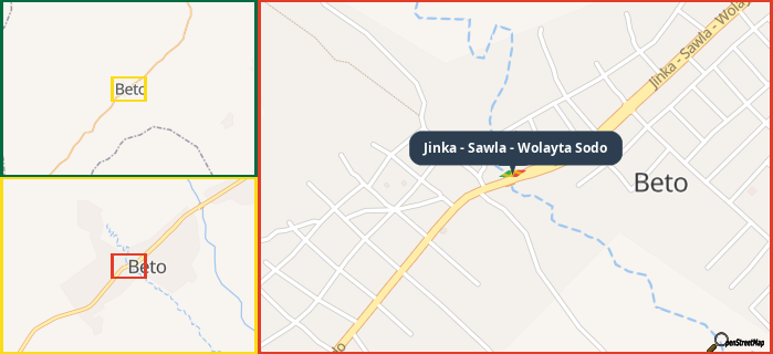 Map showing the address of Jinka - Sawla - Wolayta Sodo in three different zoom levels.