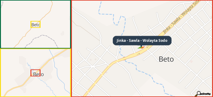 Map showing the address of Jinka - Sawla - Wolayta Sodo in three different zoom levels.