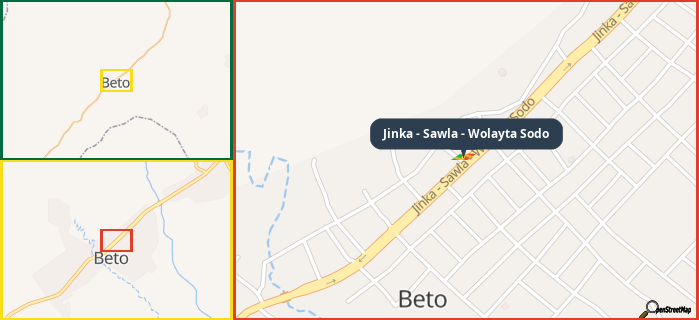 Map showing the address of Jinka - Sawla - Wolayta Sodo in three different zoom levels.