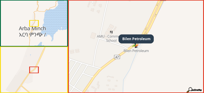 Map showing the address of Bilen Petroleum in three different zoom levels.