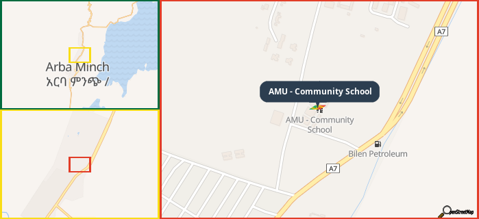 Map showing the address of AMU - Community School in three different zoom levels.