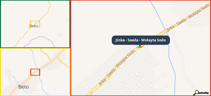 Map showing the address of Jinka - Sawla - Wolayta Sodo in three different zoom levels.