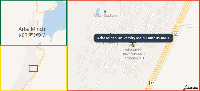 Map showing the address of Arba Minch University Main Campus-AMIT in three different zoom levels.