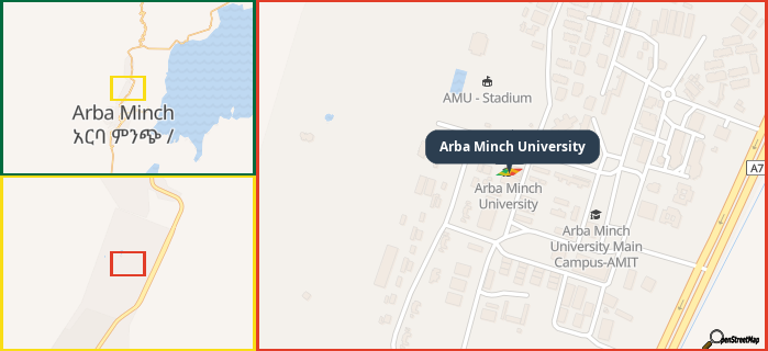 Map showing the address of Arba Minch University in three different zoom levels.