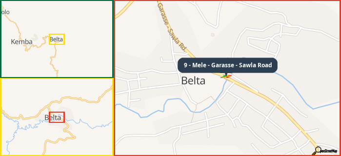 Map showing the address of 9 - Mele - Garasse - Sawla Road in three different zoom levels.