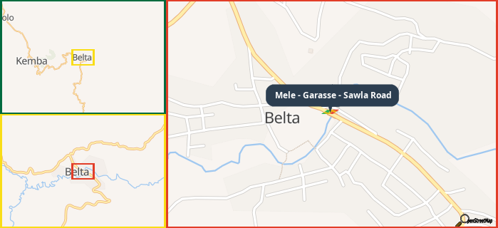 Map showing the address of Mele - Garasse - Sawla Road in three different zoom levels.