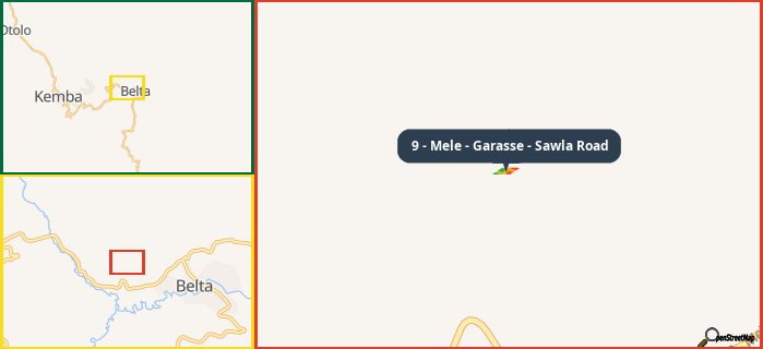 Map showing the address of 9 - Mele - Garasse - Sawla Road in three different zoom levels.