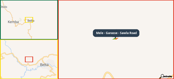 Map showing the address of Mele - Garasse - Sawla Road in three different zoom levels.