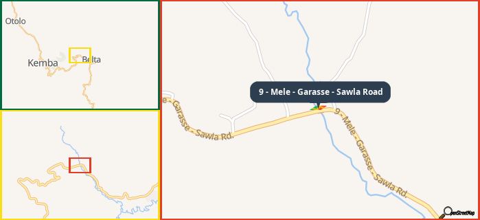 Map showing the address of 9 - Mele - Garasse - Sawla Road in three different zoom levels.