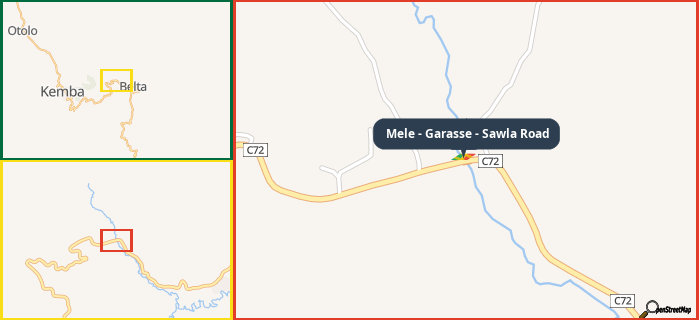Map showing the address of Mele - Garasse - Sawla Road in three different zoom levels.
