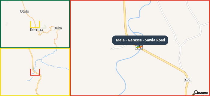 Map showing the address of Mele - Garasse - Sawla Road in three different zoom levels.