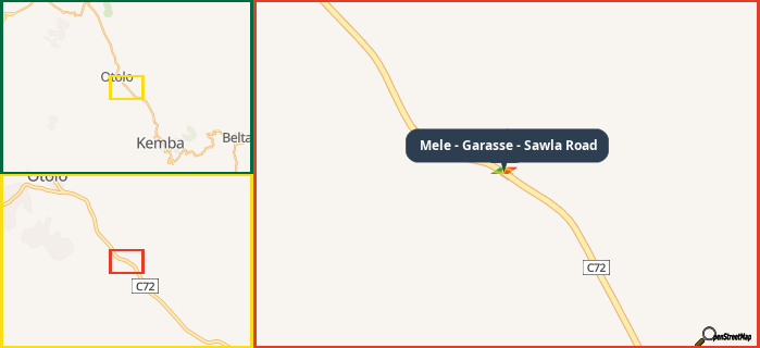 Map showing the address of Mele - Garasse - Sawla Road in three different zoom levels.