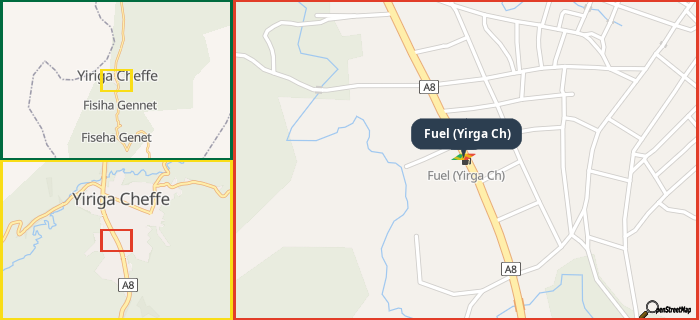Map showing the address of Fuel (Yirga Ch) in three different zoom levels.