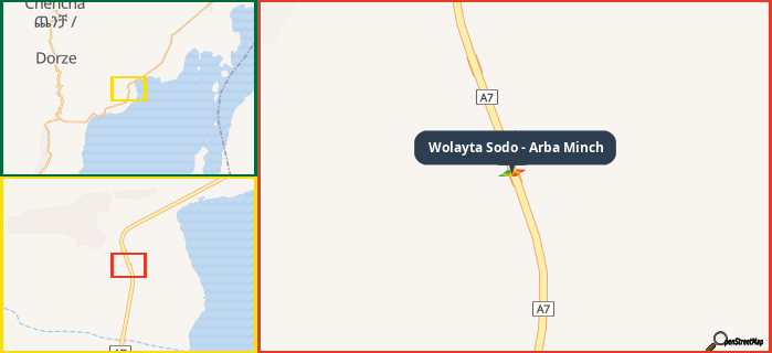 Map showing the address of Wolayta Sodo - Arba Minch in three different zoom levels.
